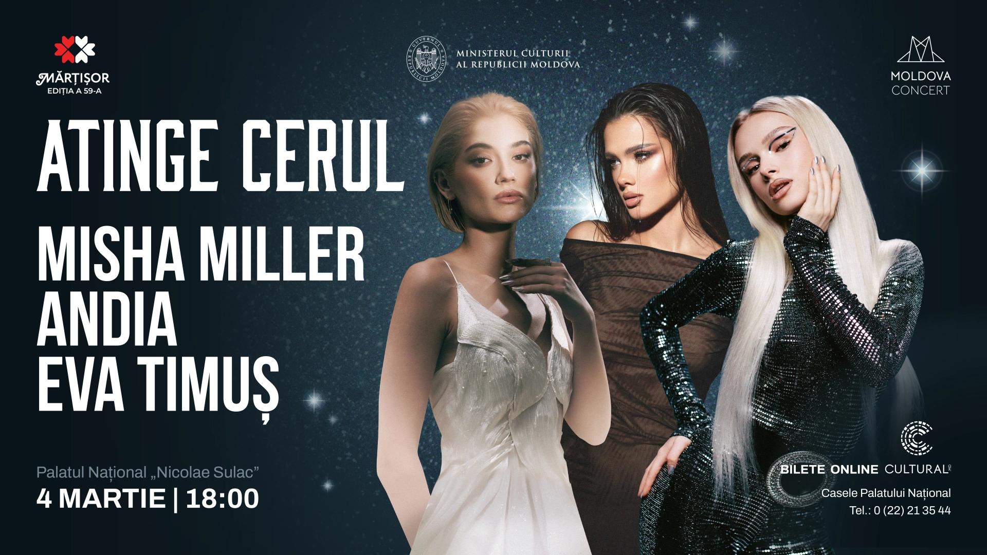 Agenda „Mărțișor 2025” // „Atinge Cerul” cu Misha Miller, Andia și Eva Timuș, marți, la Palatul Național