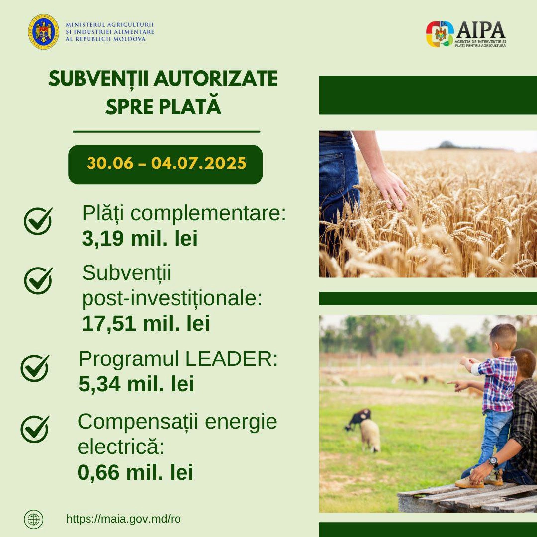 Peste 26 de mln de lei, sprijin financiar pentru agricultori: AIPA a autorizat noi plăți în perioada 30 iunie – 4 iulie