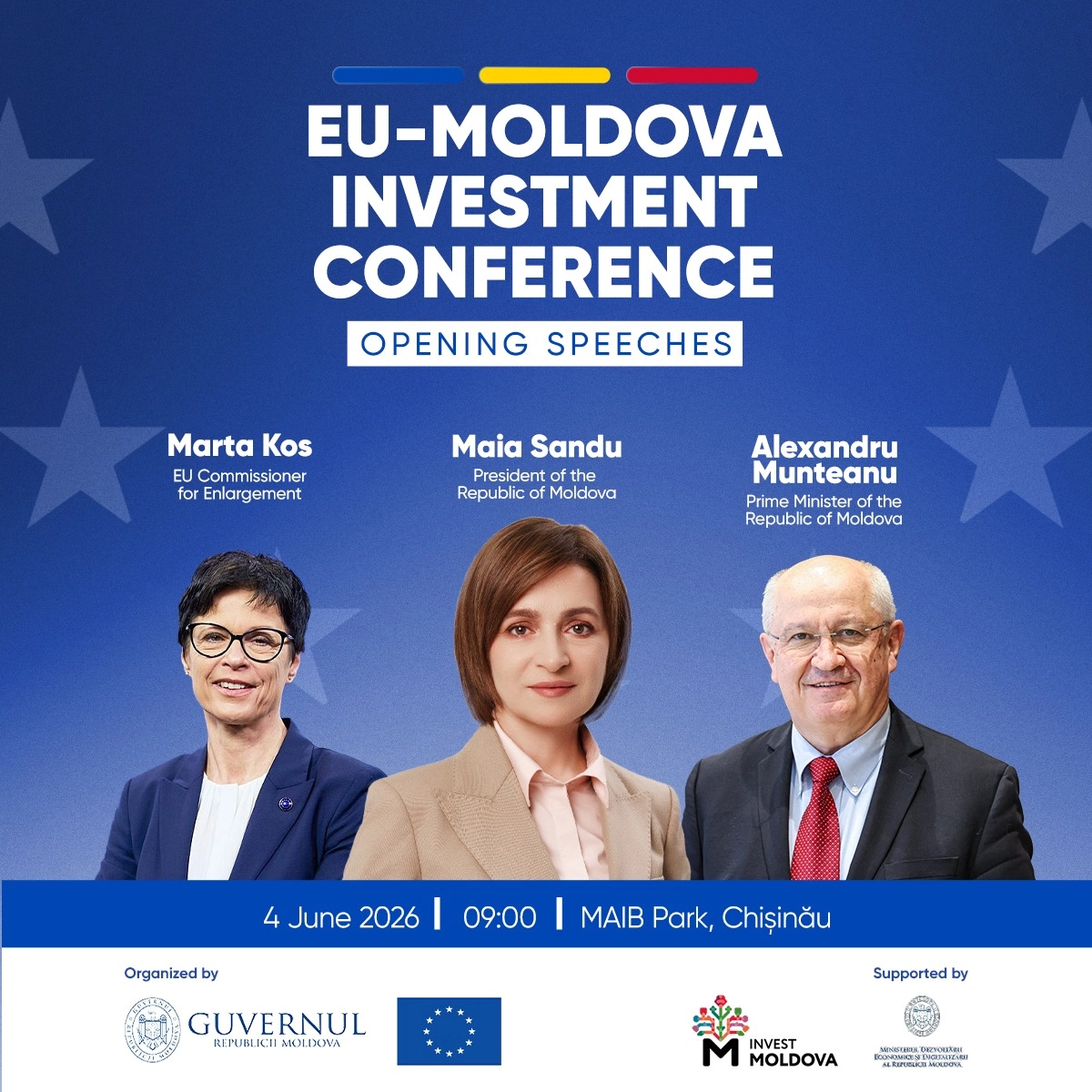 Conferința investițională „Republica Moldova - UE”, organizată pe 4 iunie, va fi deschisă de președinta Maia Sandu, comisara europeană, Marta Kos, și premierul Alexandru Munteanu